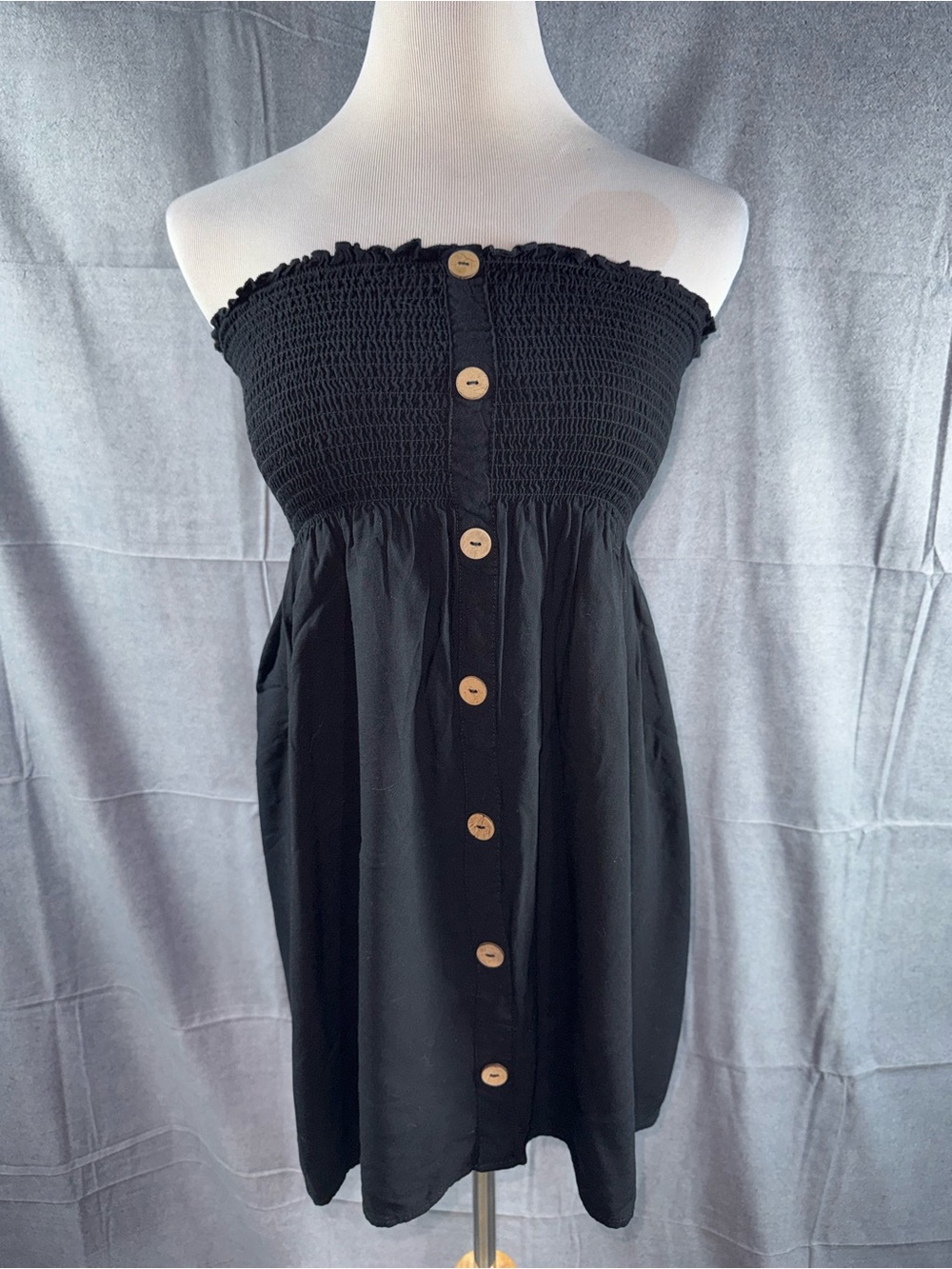 2571-Ambiance Black Strapless Smocked Sundress with Button Front